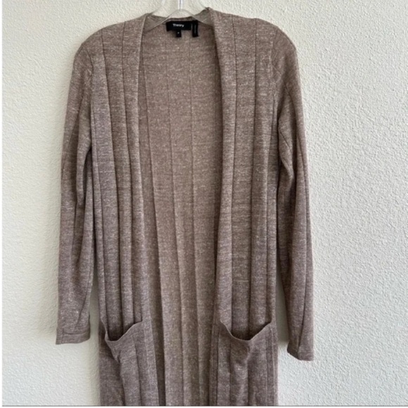 Theory Torina Rib Wool Linen Open Front Long Duster Cardigan - Picture 5 of 8